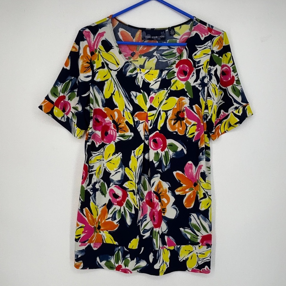 Susan Graver Womens Medium Pullover Tunic Top Navy Blue Multi Floral Pleated SS